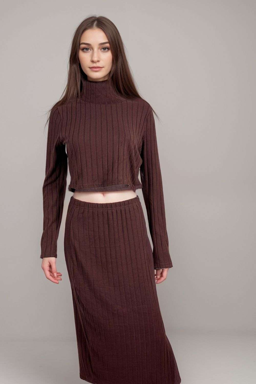 Womens brown ribbed knit co-ord set with high neck crop top and midi skirt