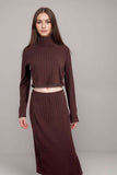 Womens brown ribbed knit co-ord set with high neck crop top and midi skirt