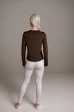 Womens brown ribbed long sleeve Henley top with button front