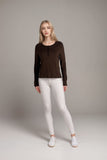 Womens brown ribbed long sleeve Henley top with button front