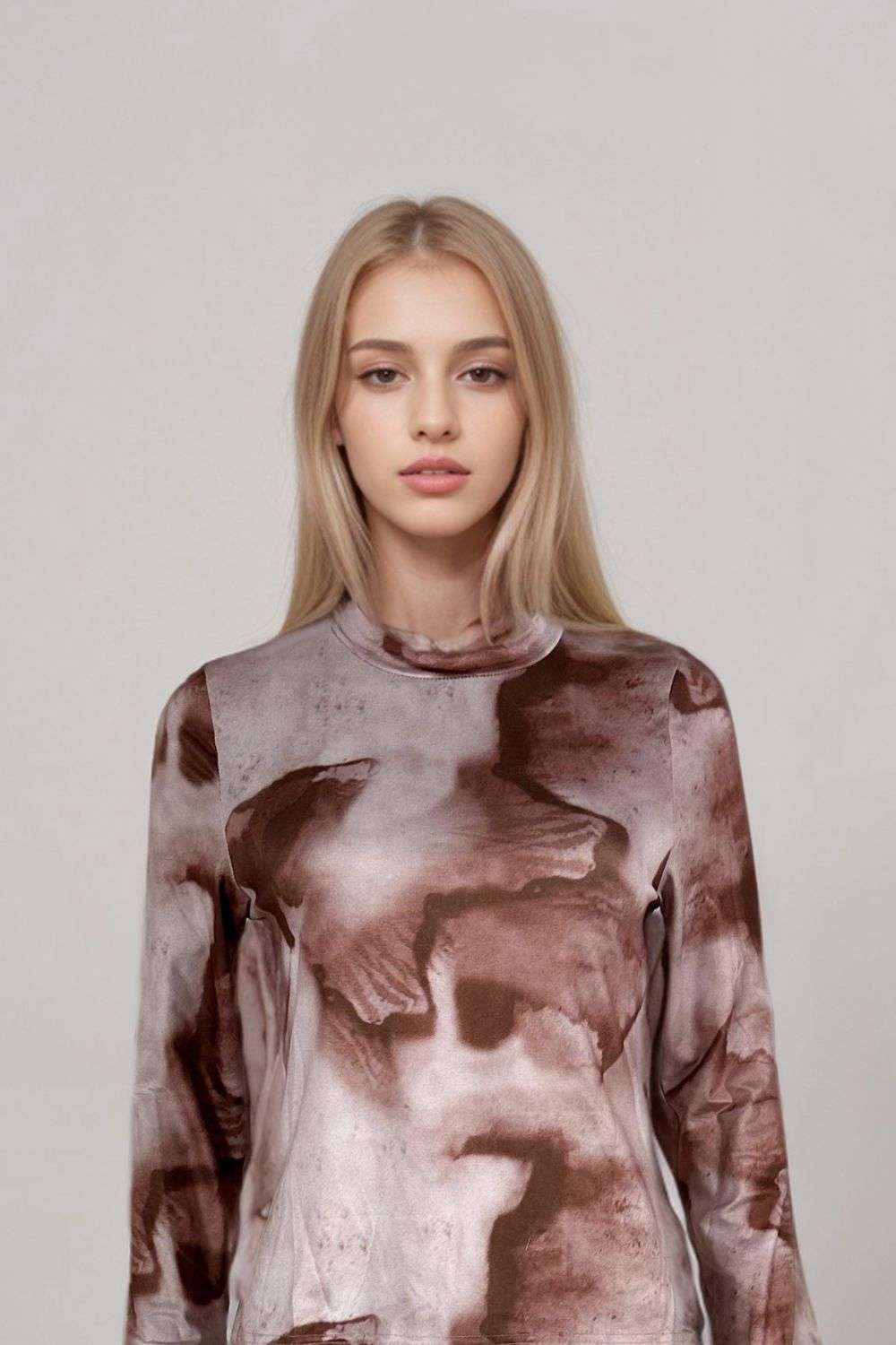Womens brown tie dye long sleeve top with high necklineTie Die Long Sleeve Top