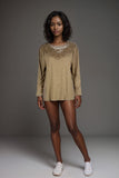 Womens gold lace detail long sleeve top with round neckline