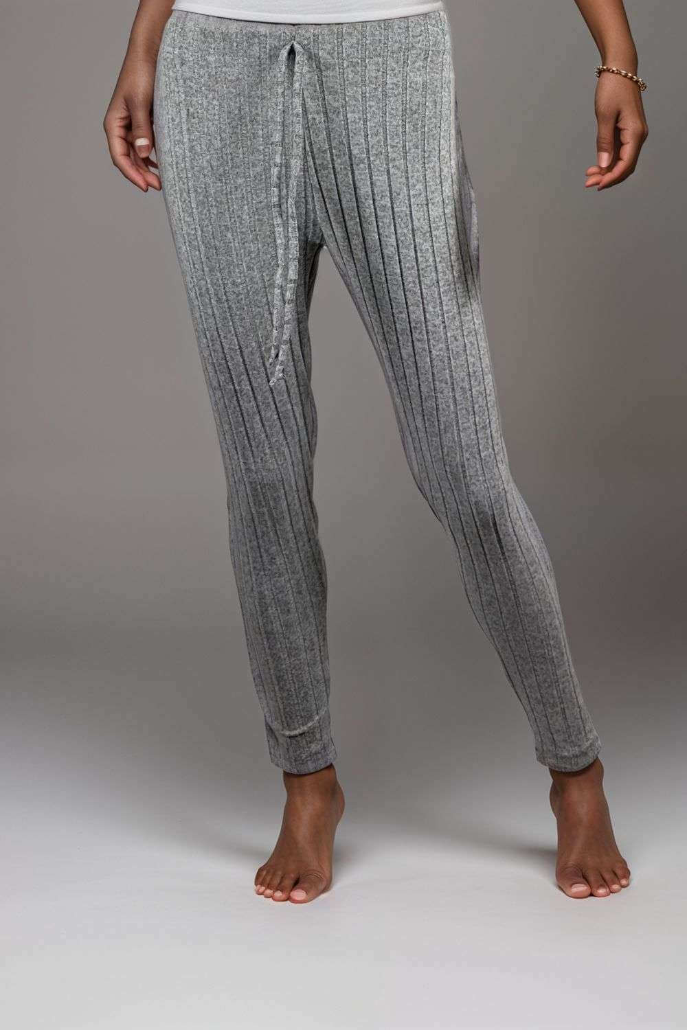 Women’s grey ribbed lounge pants soft knit jogger-style pyjama bottoms with drawstring waist