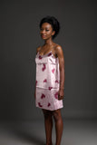 Womens pink satin slip dress with heart print