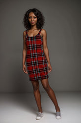 Womens red check plaid strappy mini dress with square neckline