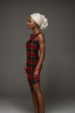 Womens red check plaid strappy mini dress with square neckline