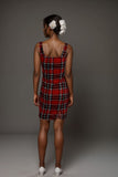 Womens red check plaid strappy mini dress with square neckline