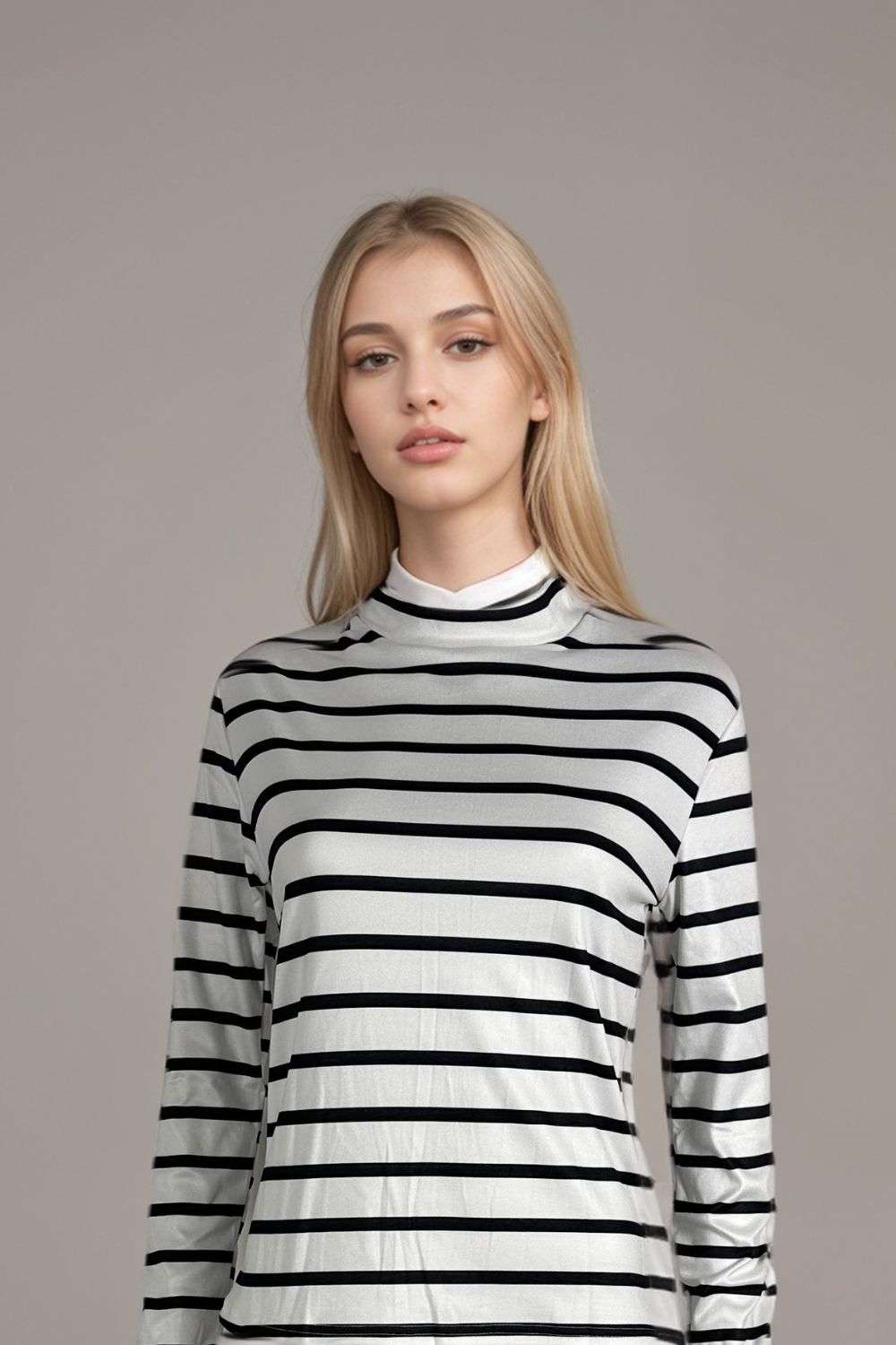 Womens white and black striped long sleeve mock neck top