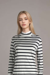 Womens white and black striped long sleeve mock neck top