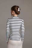 Womens white and black striped long sleeve mock neck top