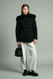 Women Black Hooded Coat with Faux Fur Trim  Large