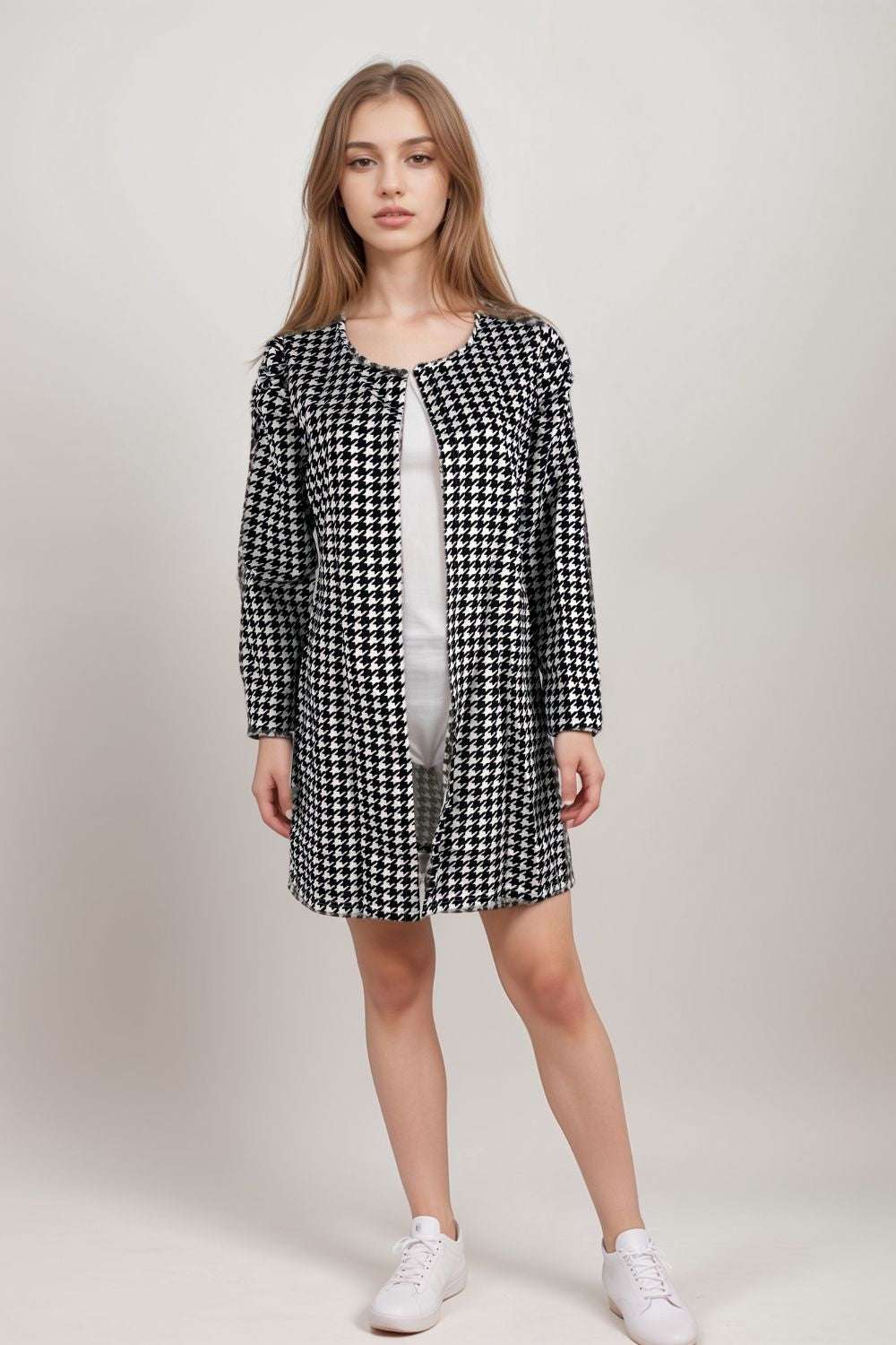 Black and white houndstooth open front longline coat for womenOpen Front Shoulder Coat
