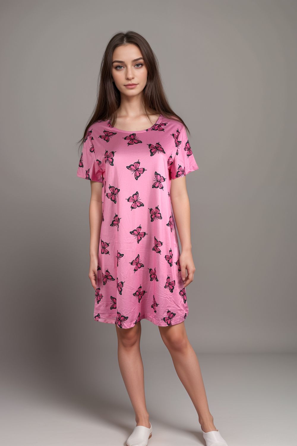 Pink short sleeve t-shirt dress with black butterfly print for womenPin short dress butterfly 