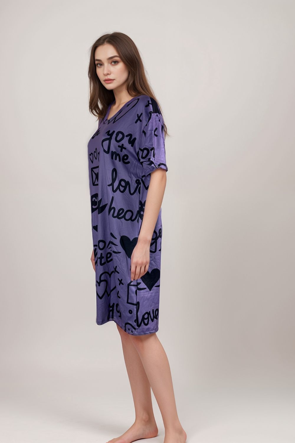 Purple lounge dress with heart and love-themed graphic print, short sleeves, relaxed fit.