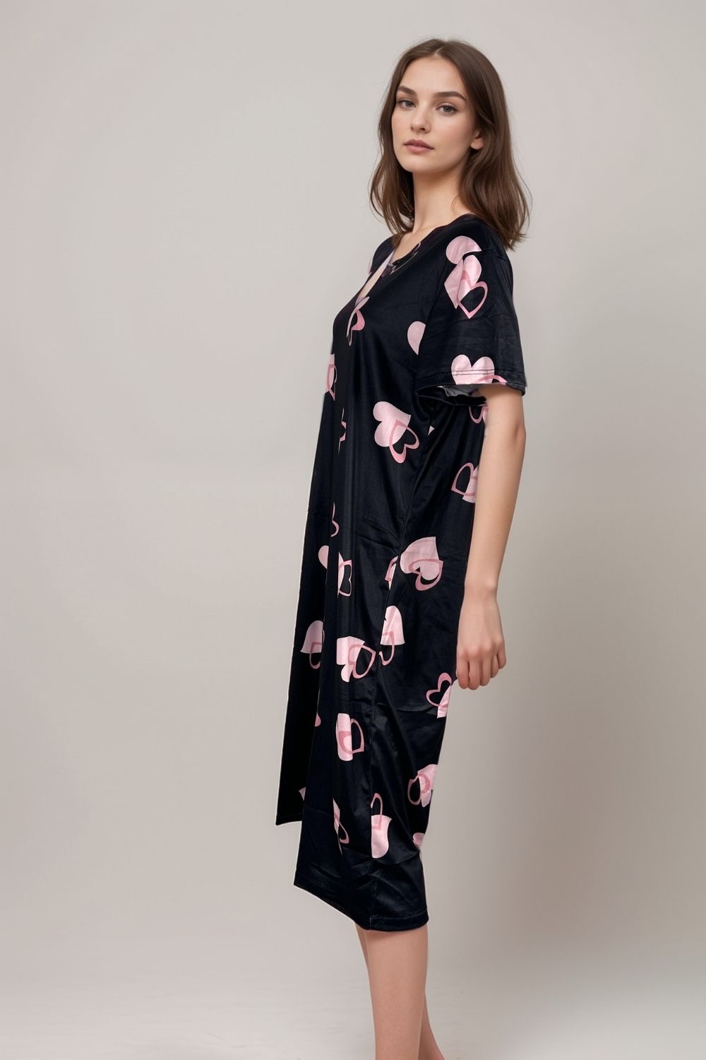 Women’s Black Heart Print Nightdress | Short Sleeve Midi Loungewear