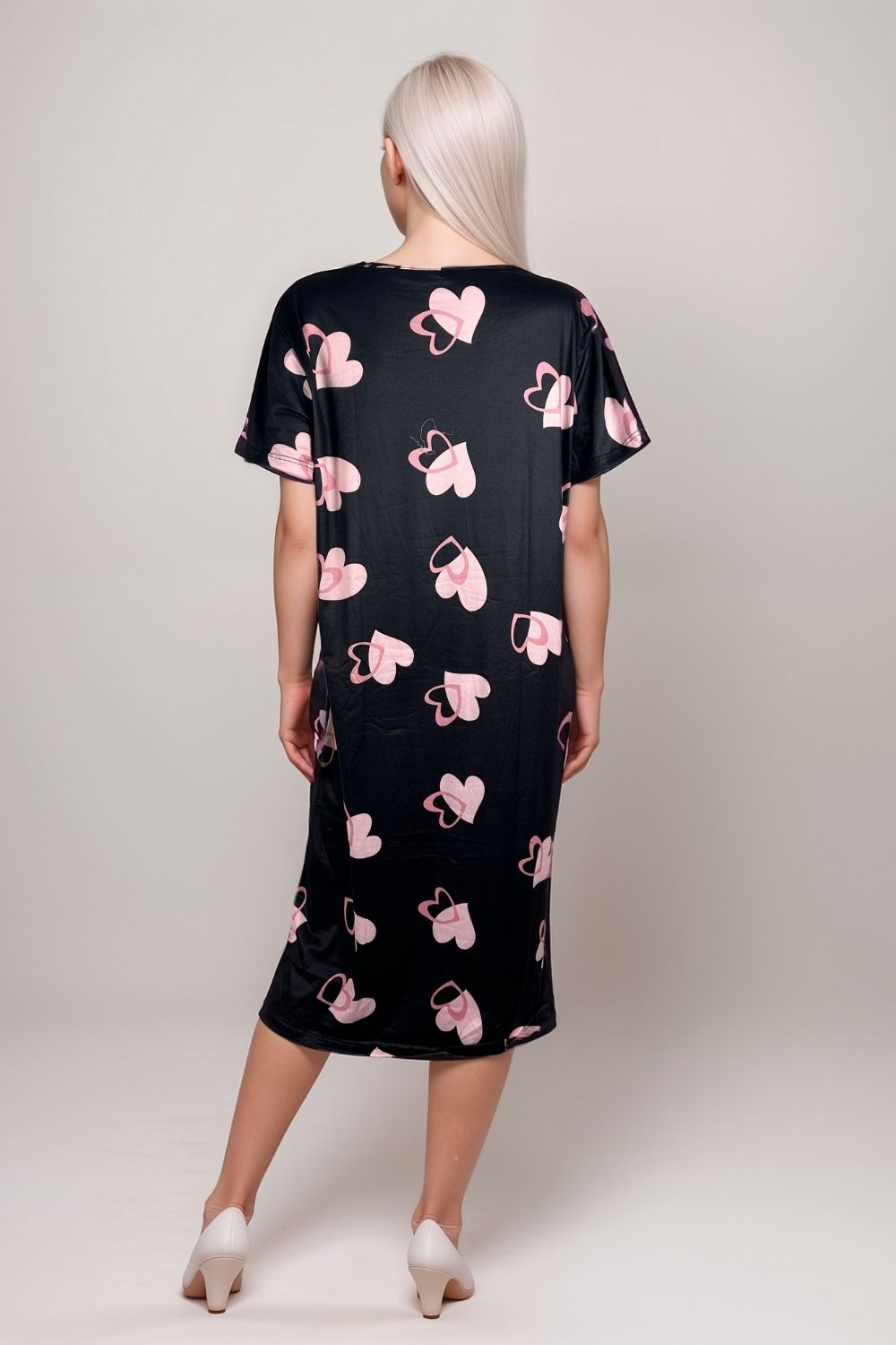 Women’s Black Heart Print Nightdress | Short Sleeve Midi Loungewear