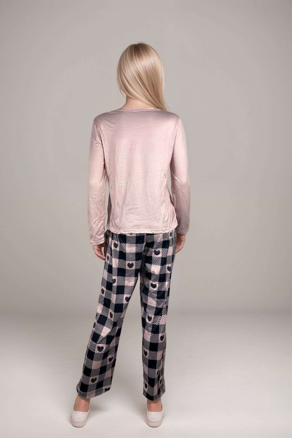 Women’s Good Vibes pyjama set long sleeve slogan top with checked trousers