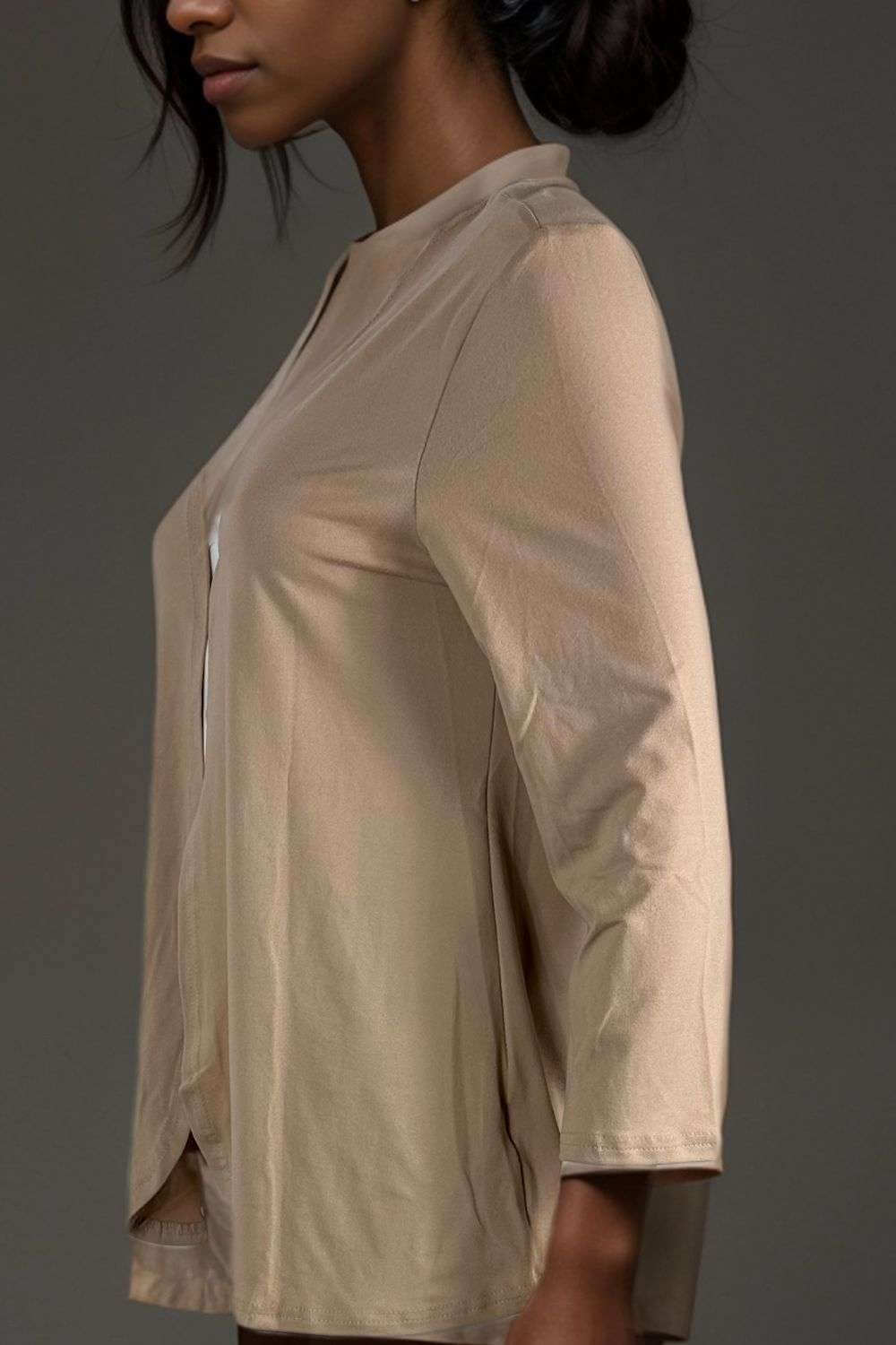 Women’s beige V-neck blouse long sleeve satin look casual top