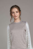 Women’s beige ribbed knit top long sleeve sheer mesh panel blouse
