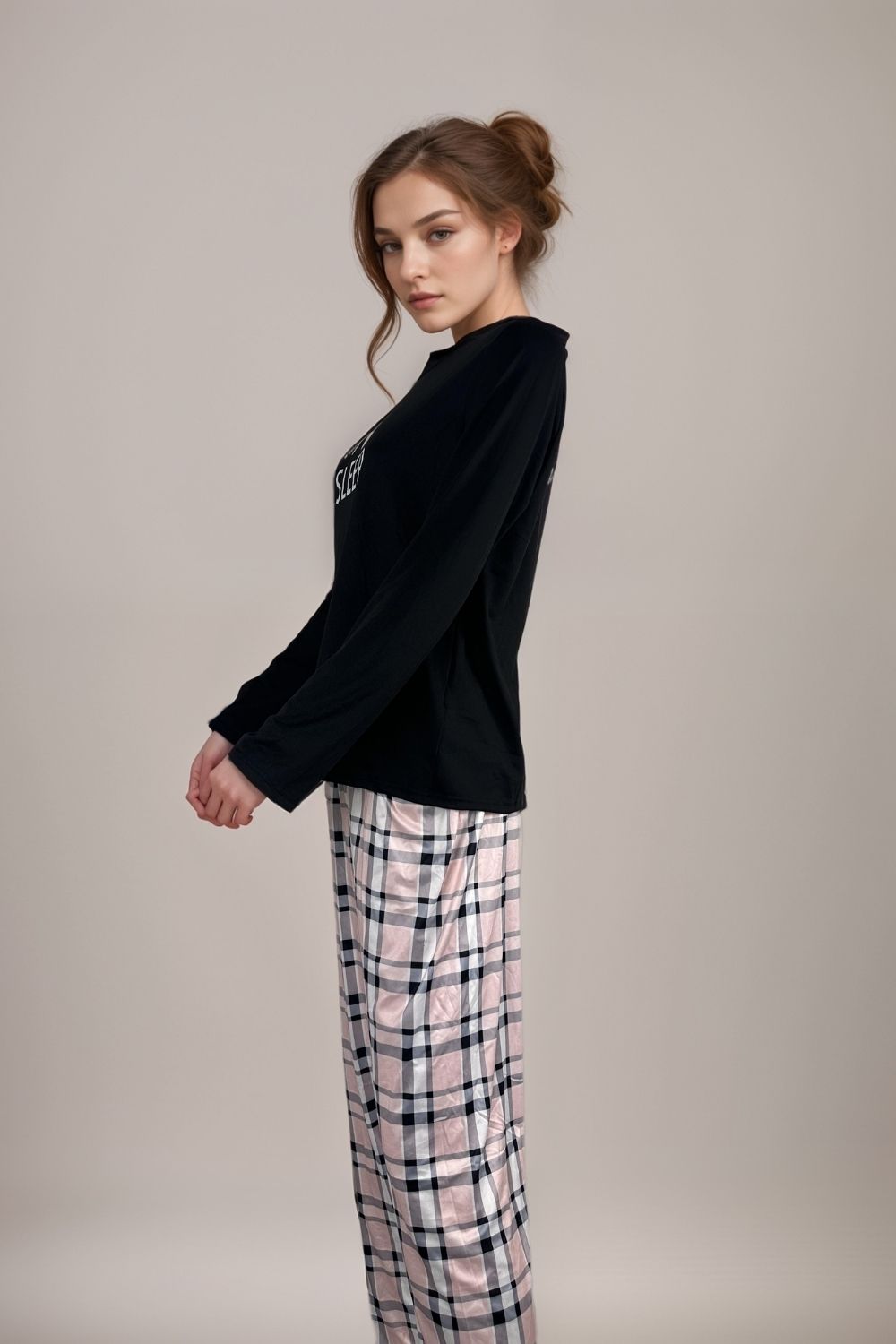 Women’s black I love sleep pyjama set long sleeve top with checked trousers