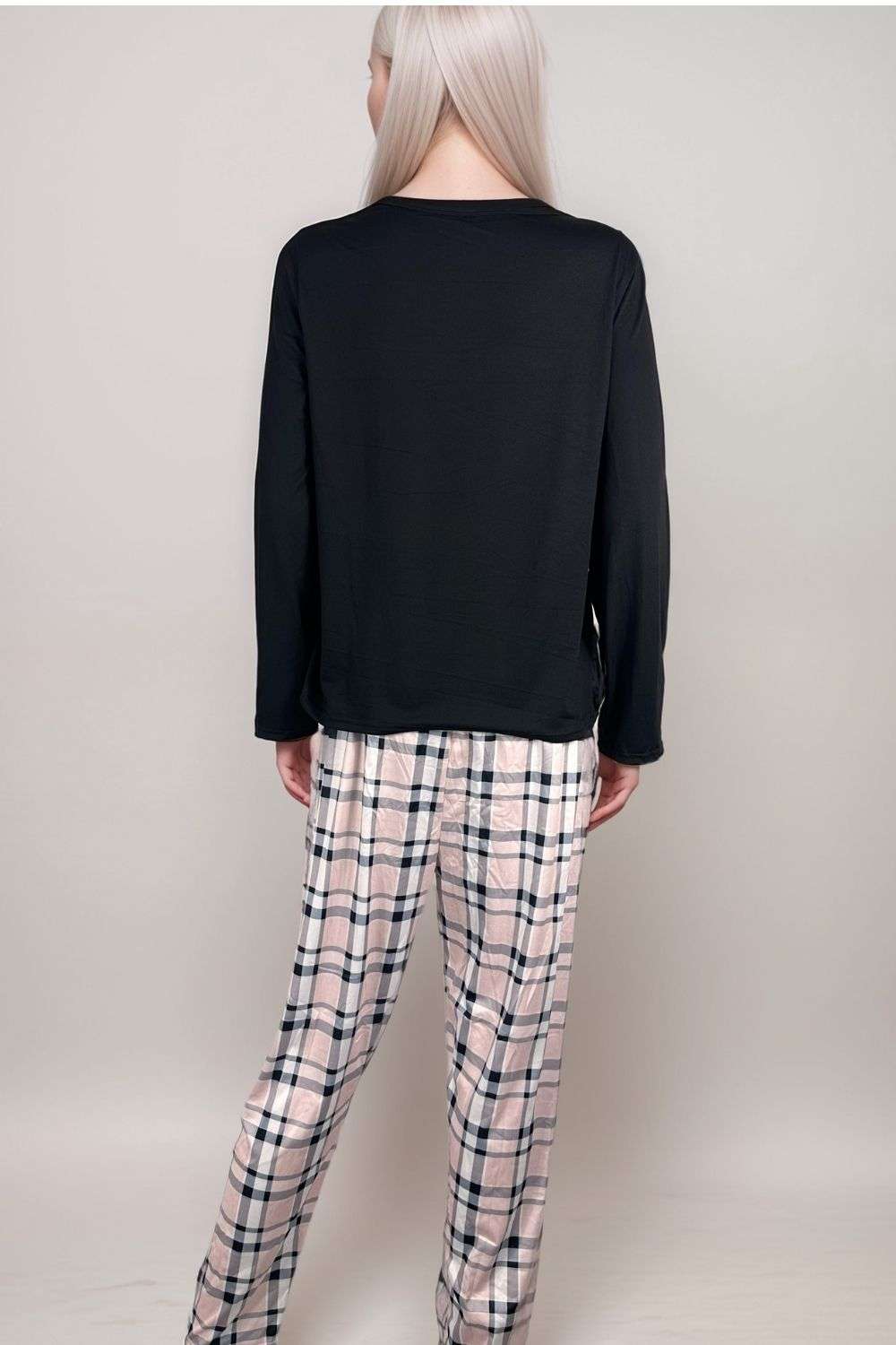 Women’s black I love sleep pyjama set long sleeve top with checked trousers