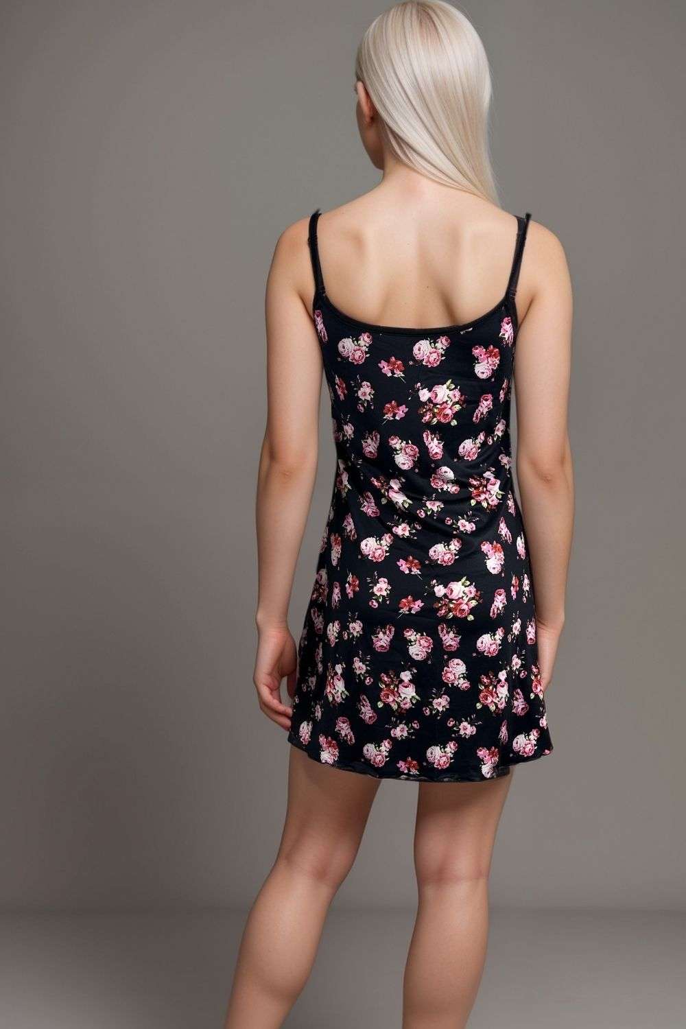 Women’s black floral slip dress spaghetti strap mini nightdress with pink flower print