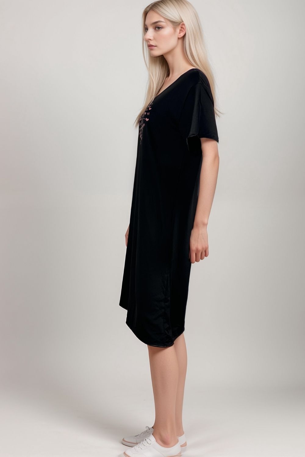 Women’s black nightdress short sleeve midi sleepwear with pink love heart print