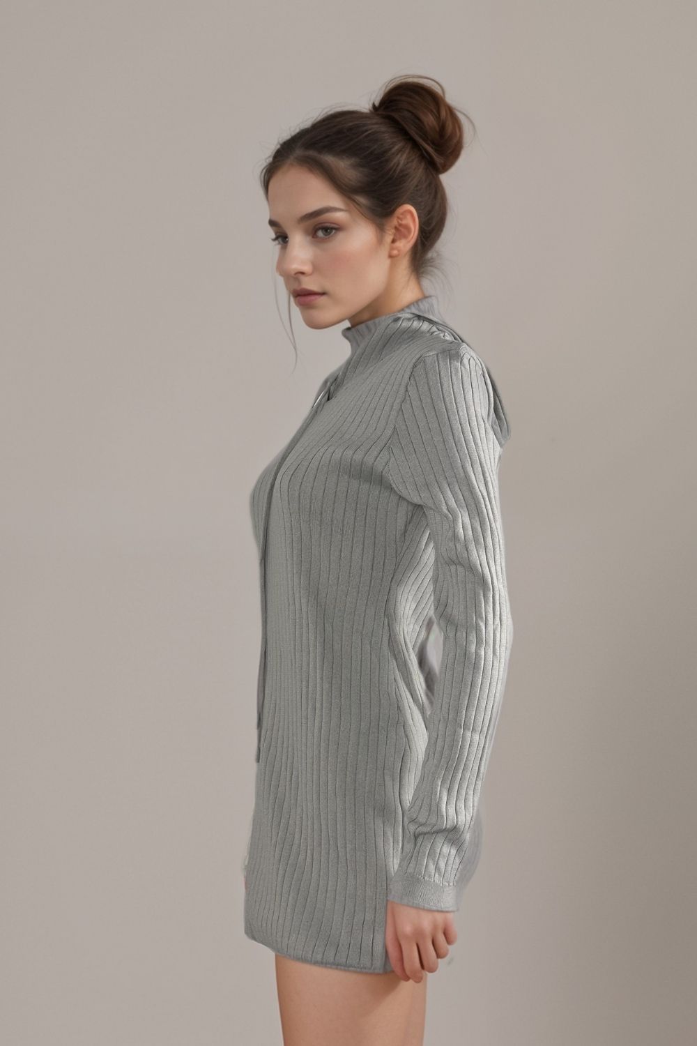Women’s grey ribbed hoodie dress long sleeve knit sweater mini outfit