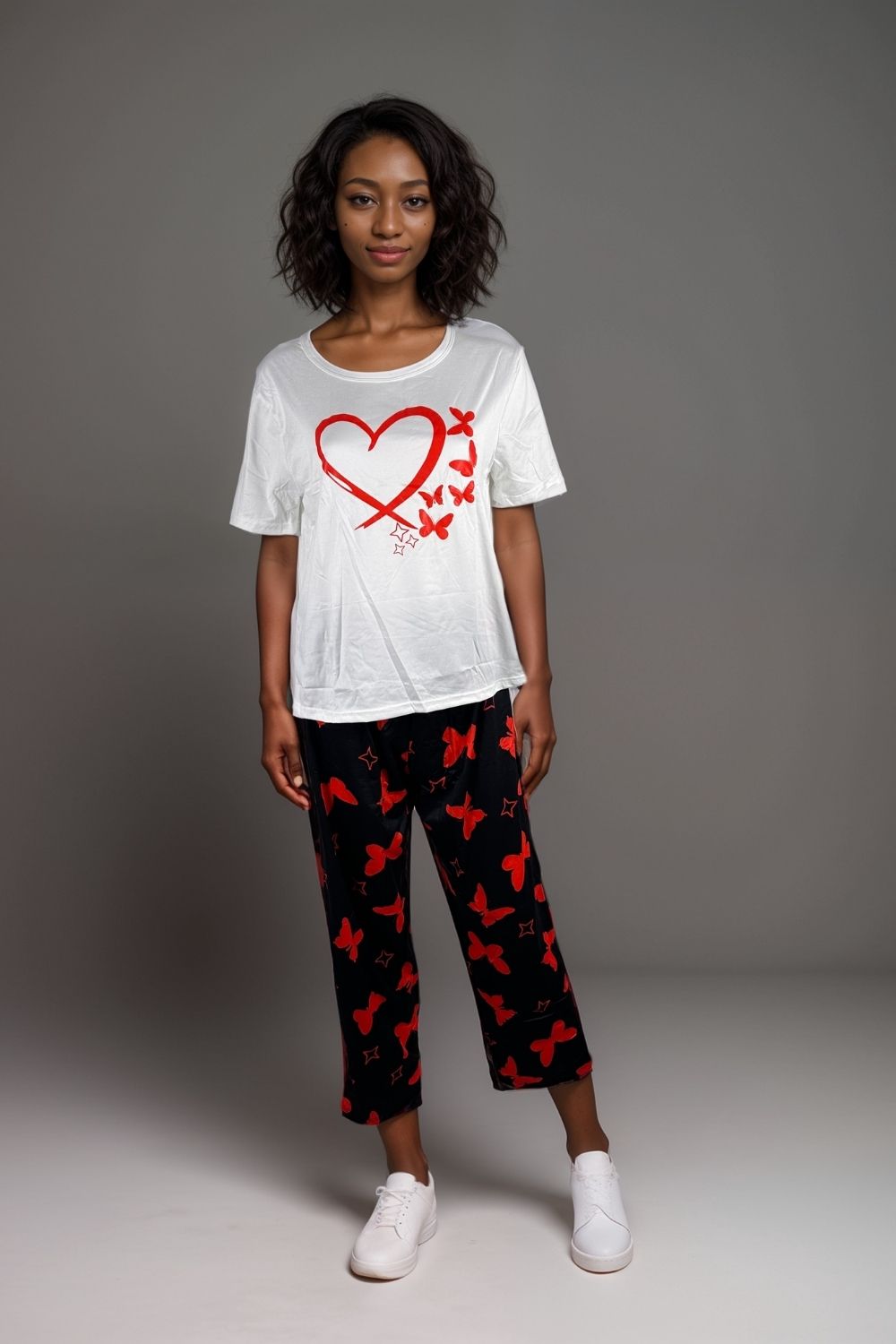 Women’s heart and butterfly pyjama set short sleeve top with printed trousers