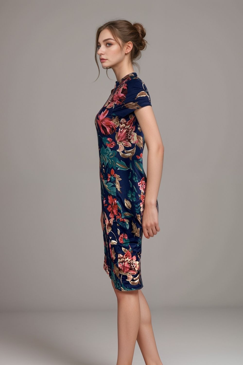 Women’s navy floral midi dress short sleeve bodycon summer party outfit