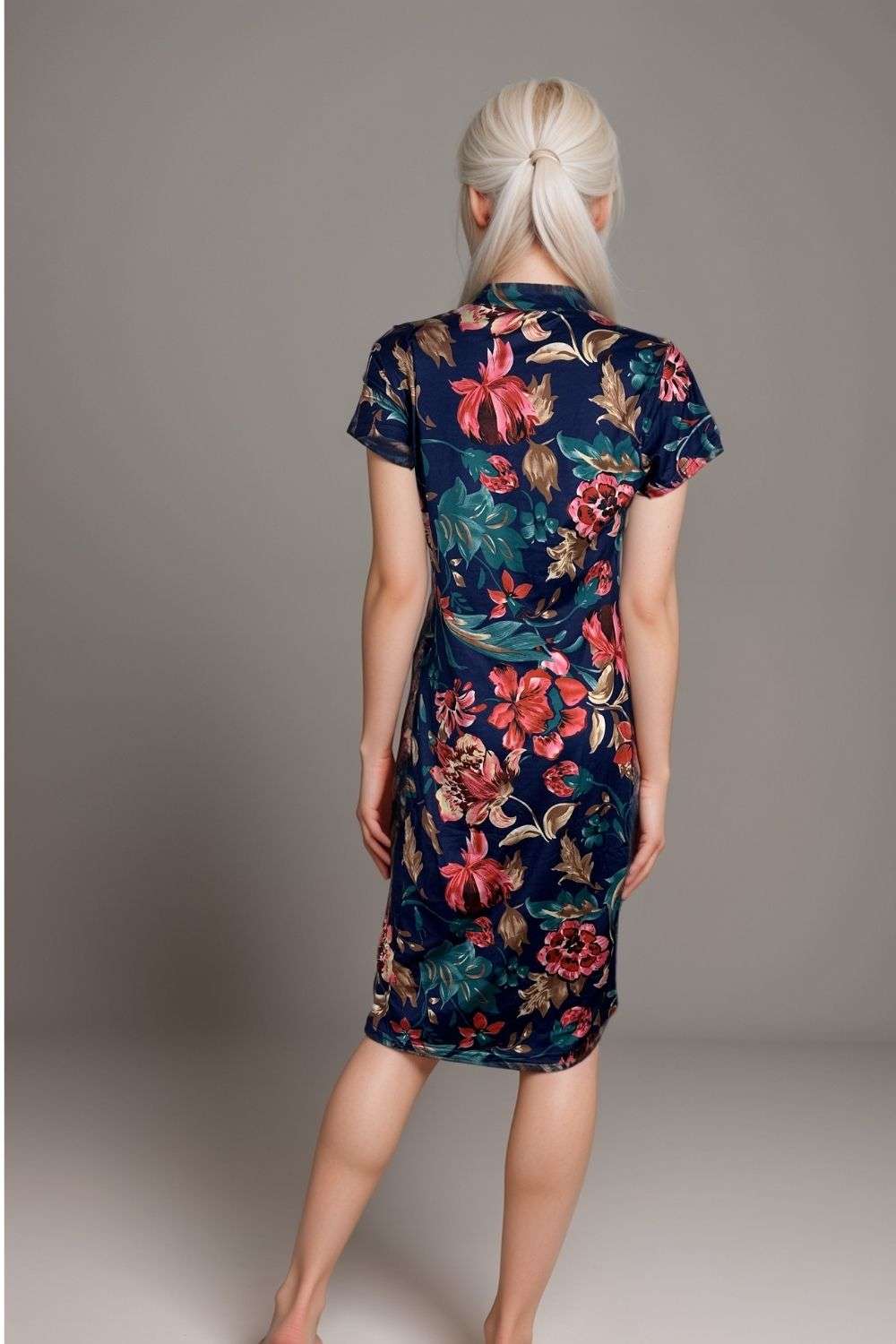 Women’s navy floral midi dress short sleeve bodycon summer party outfit