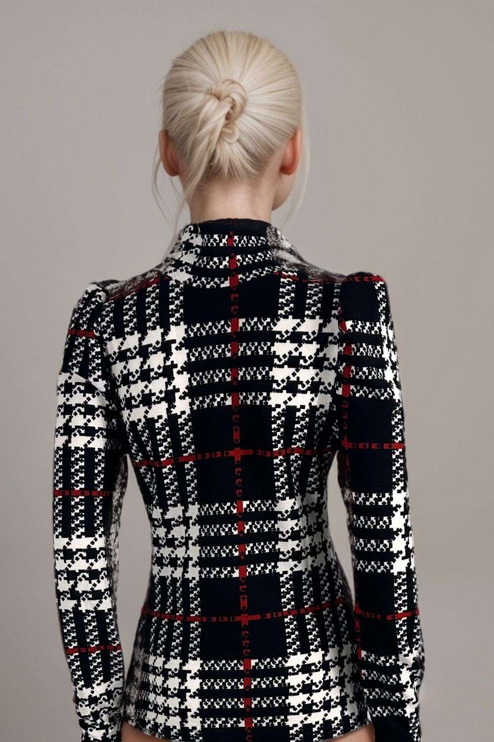 Womens black white red check print high neck long sleeve top