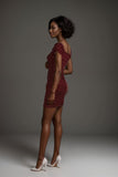Womens burgundy polka dot bodycon mini dress with short sleeves