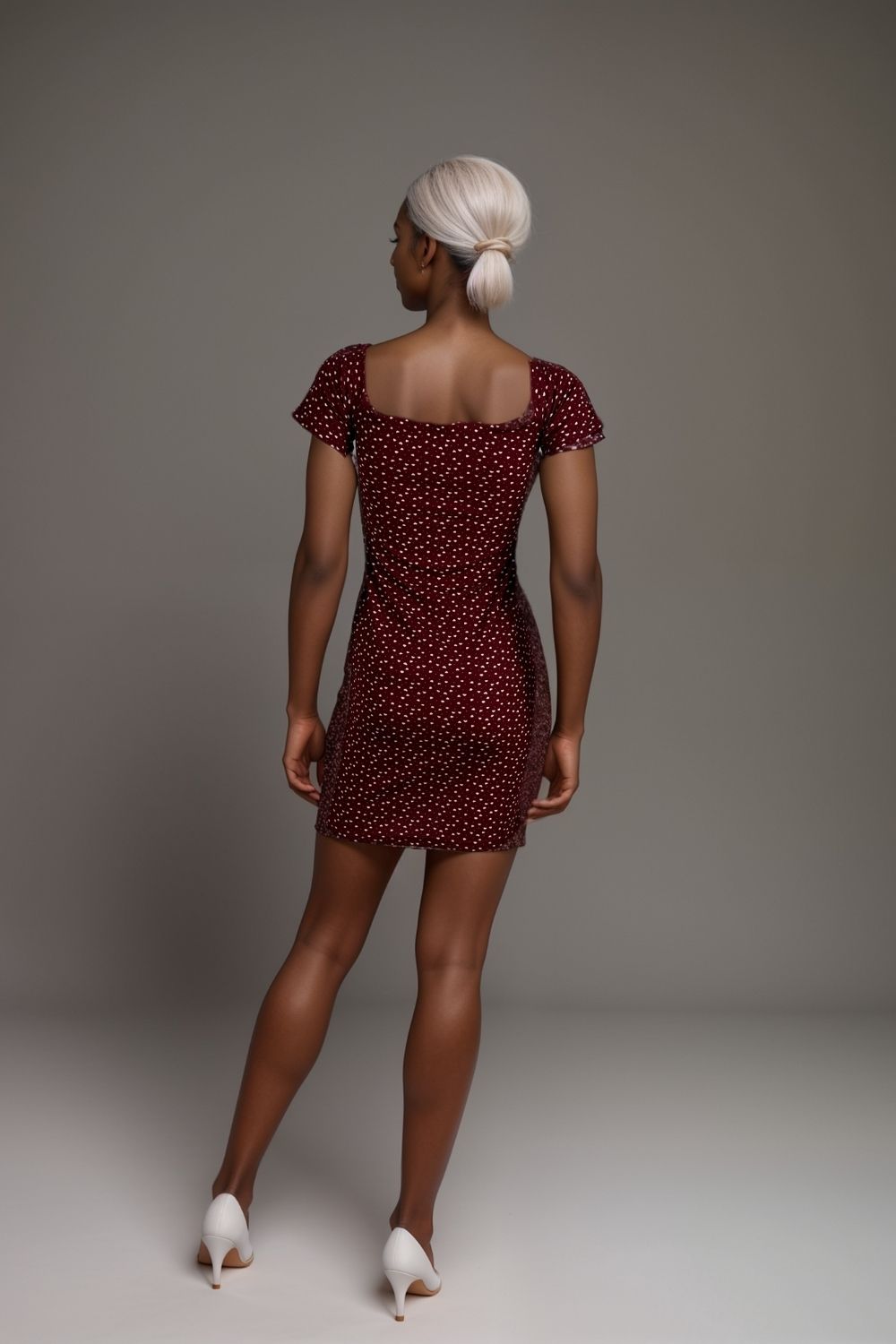 Womens burgundy polka dot bodycon mini dress with short sleeves