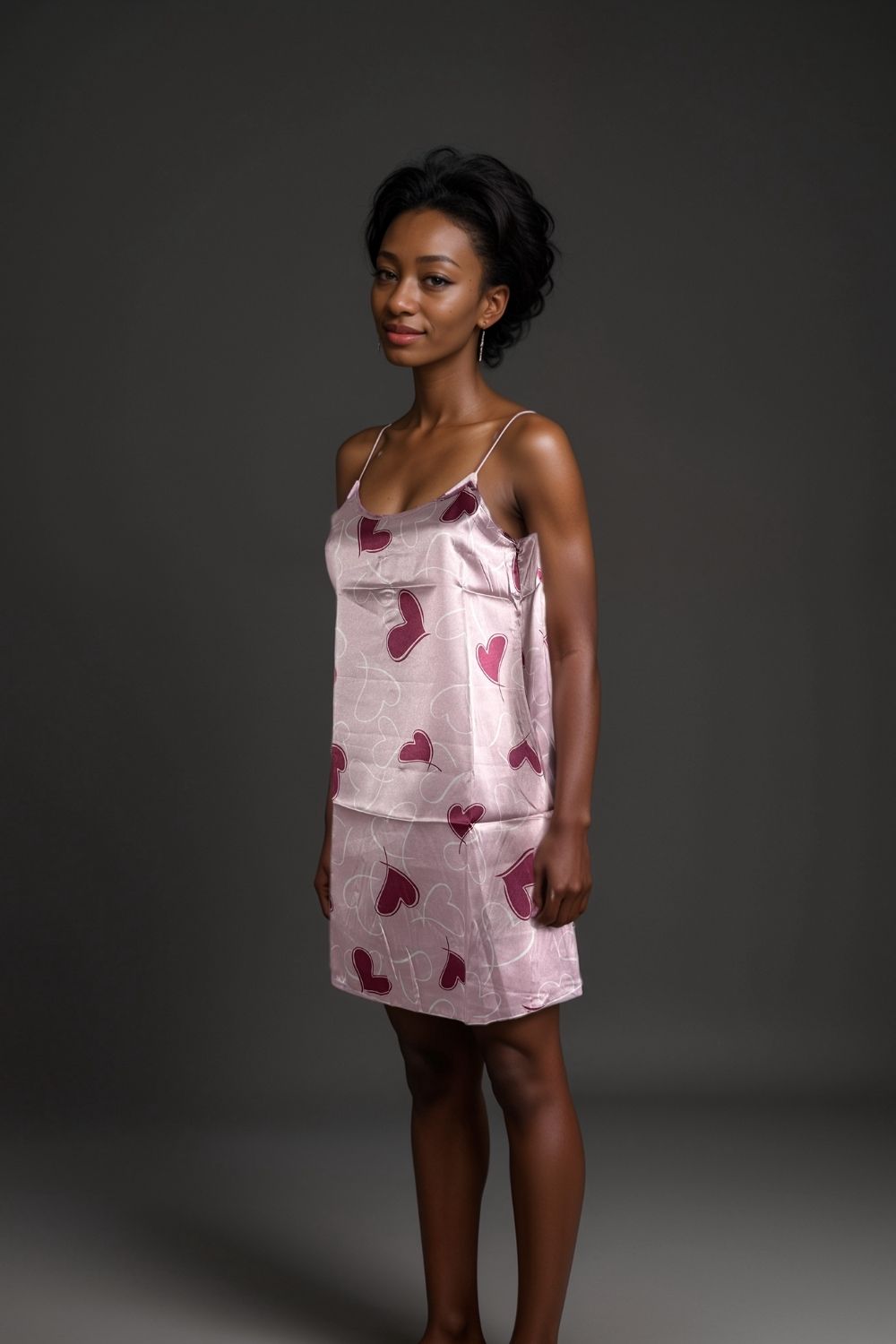 Womens pink satin slip dress with heart print