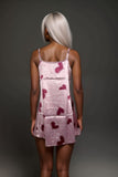 Womens pink satin slip dress with heart print
