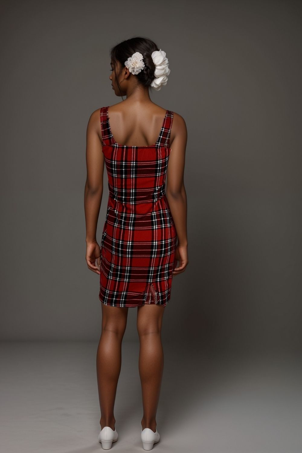 Womens red check plaid strappy mini dress with square neckline