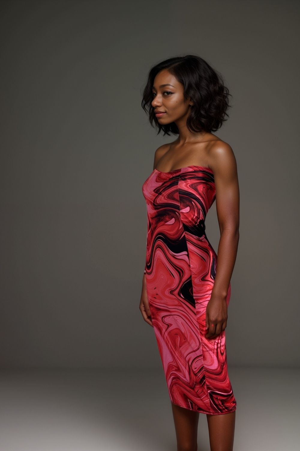 Womens red strapless marble print midi dress